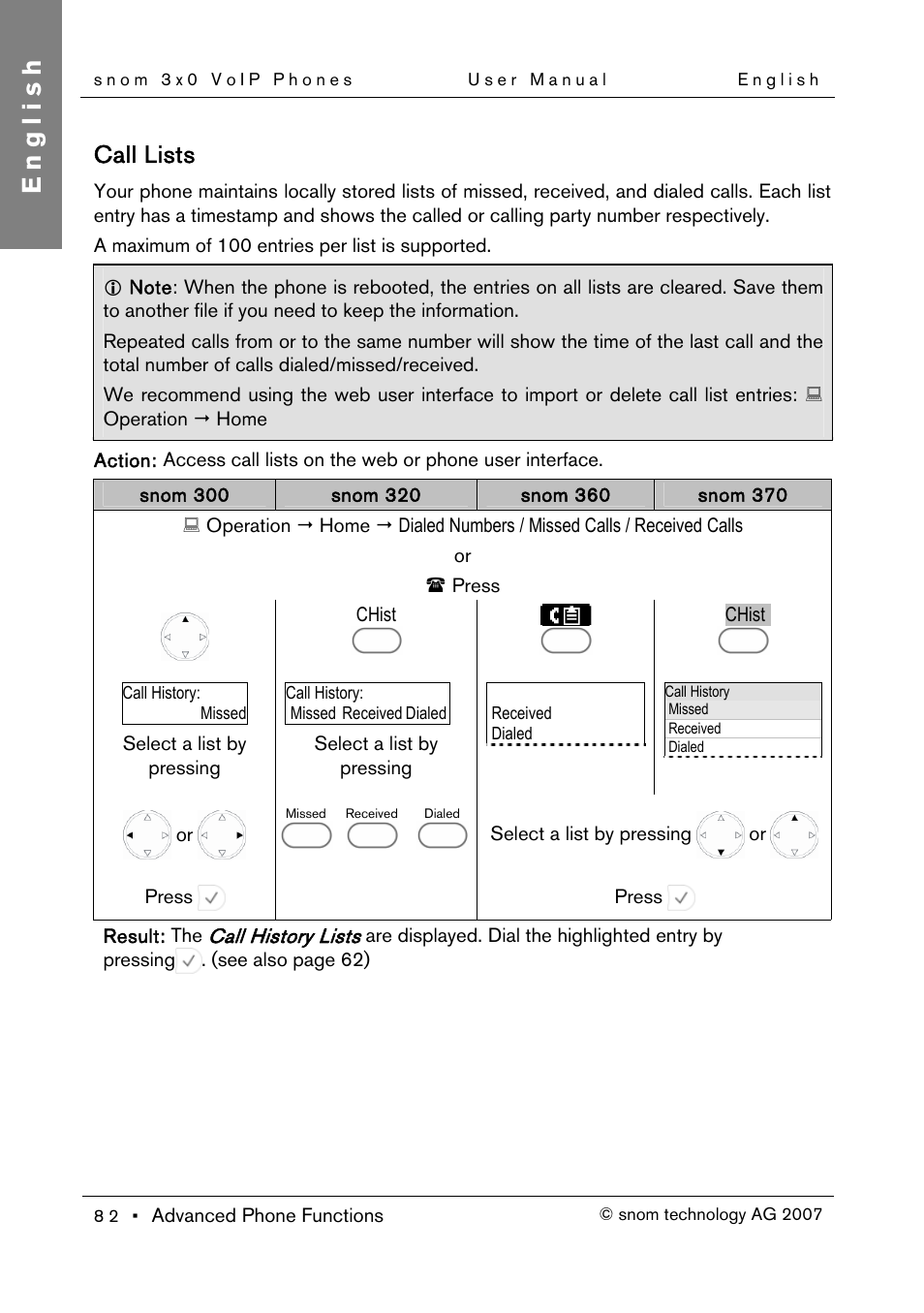 Call lists, English | Snom 300 User Manual | Page 88 / 105