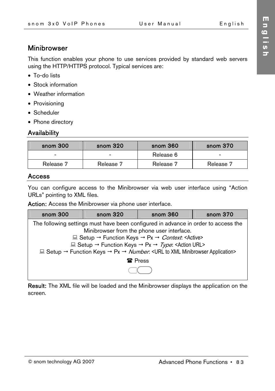 Minibrowser, Availability, Access | English | Snom 300 User Manual | Page 89 / 105