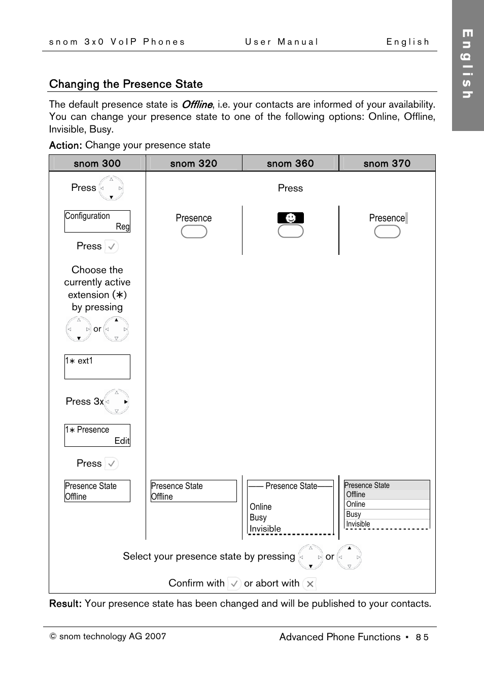 Changing the presence state, English | Snom 300 User Manual | Page 91 / 105