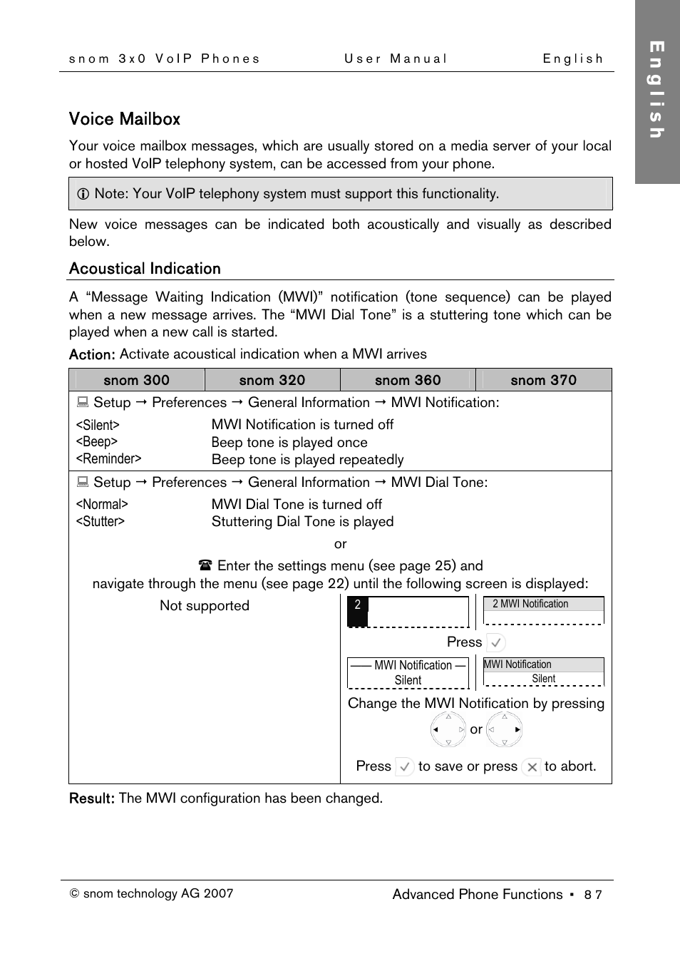 Voice mailbox, Acoustical indication, English | Snom 300 User Manual | Page 93 / 105