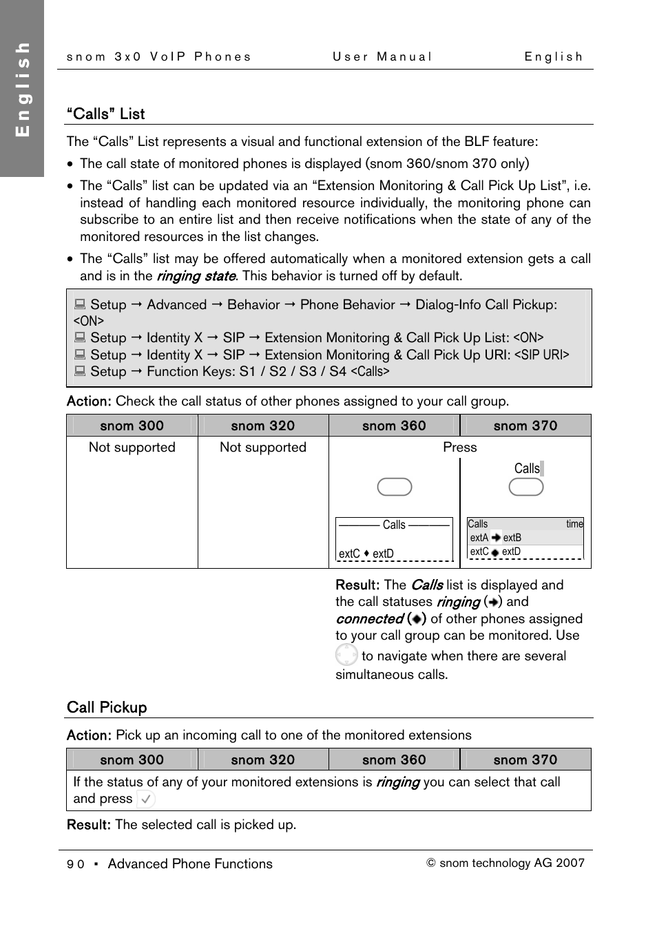 Calls” list, Call pickup, English | Snom 300 User Manual | Page 96 / 105