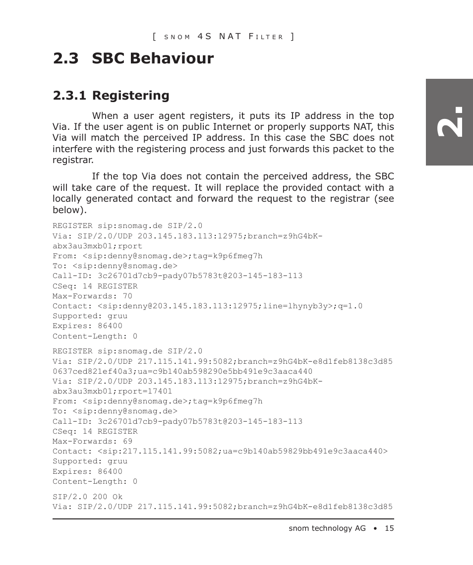 3 sbc behaviour, 1 registering | Snom 4S User Manual | Page 15 / 68