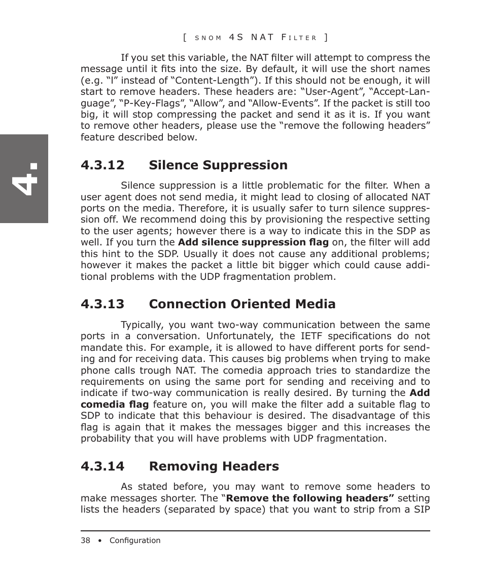 12 silence suppression, 13 connection oriented media, 14 removing headers | Snom 4S User Manual | Page 38 / 68