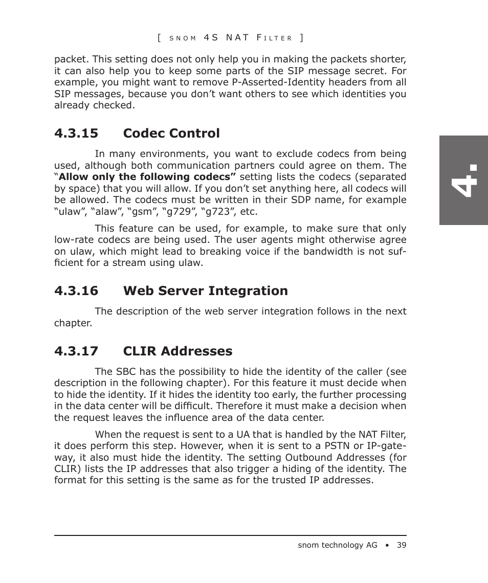 15 codec control, 16 web server integration, 17 clir addresses | Snom 4S User Manual | Page 39 / 68