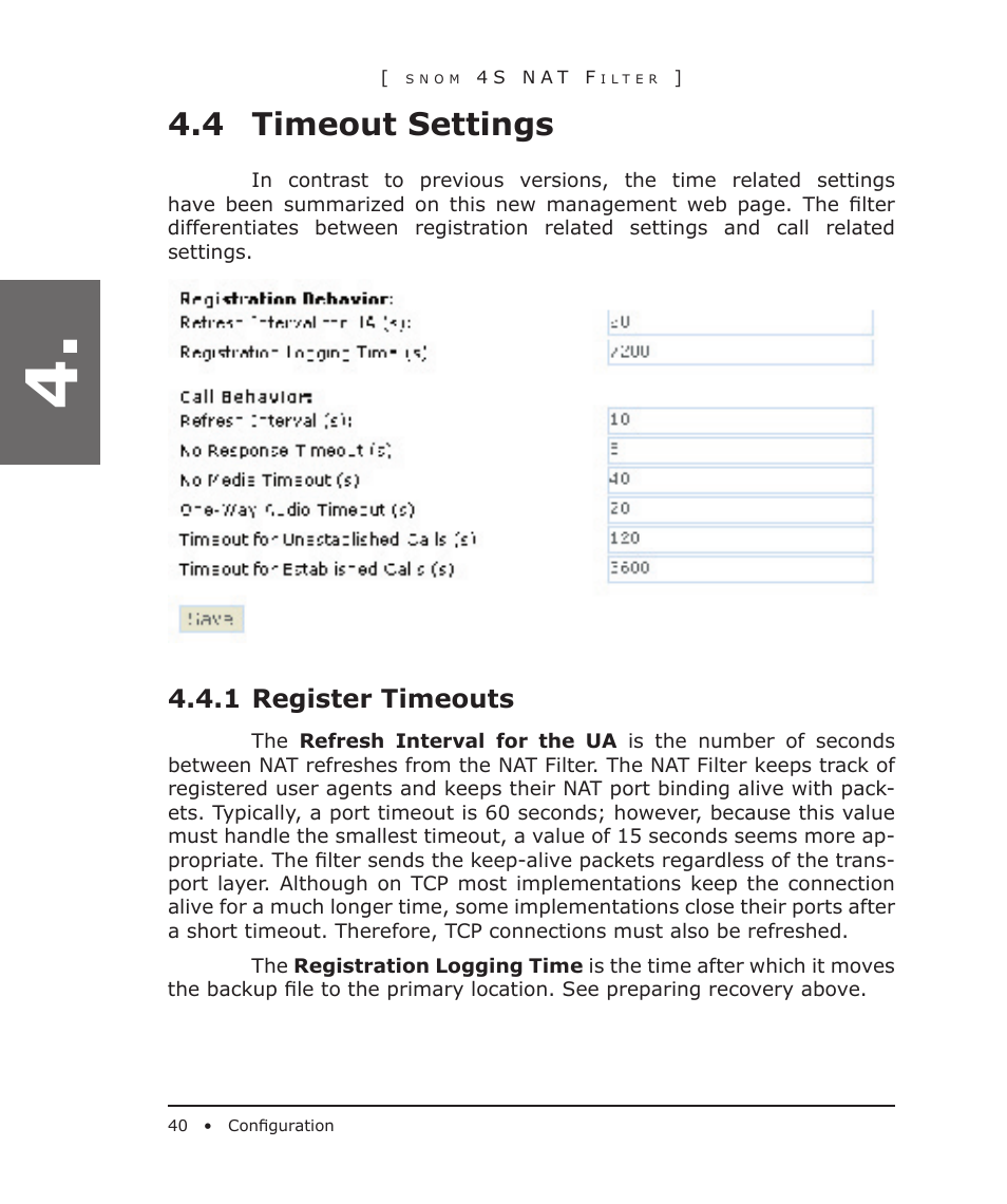 4 timeout settings, 1 register timeouts | Snom 4S User Manual | Page 40 / 68