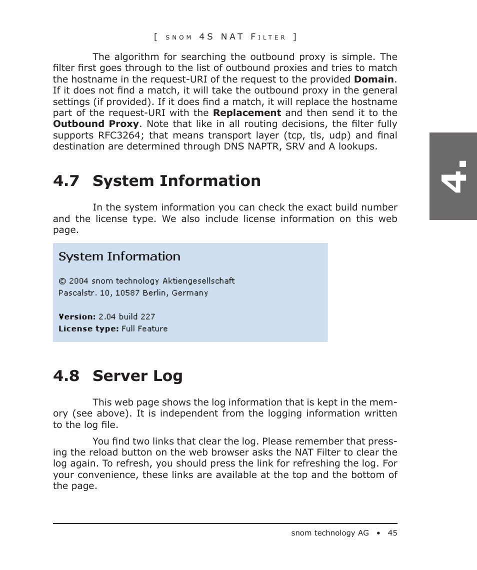 7 system information, 8 server log | Snom 4S User Manual | Page 45 / 68