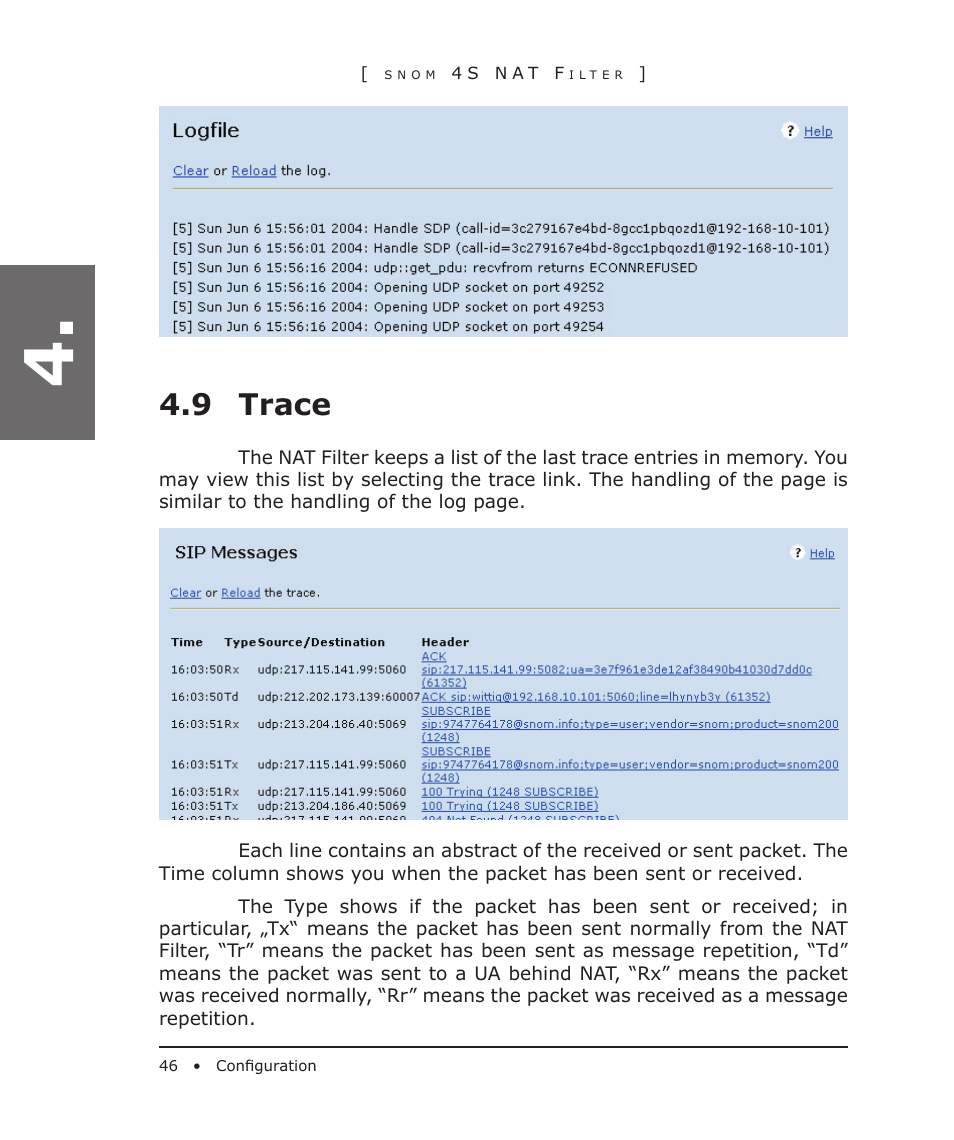 9 trace | Snom 4S User Manual | Page 46 / 68