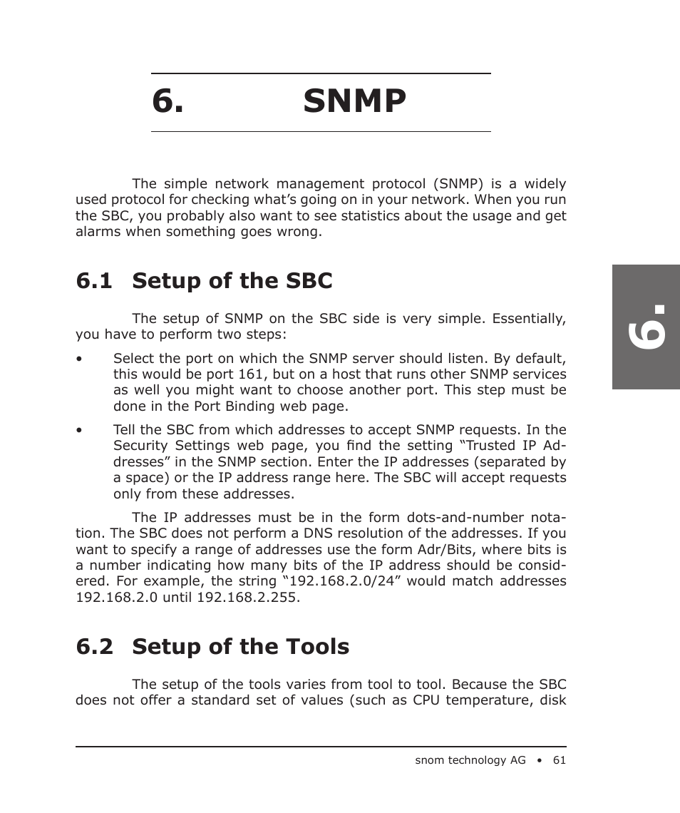 Snmp, 1 setup of the sbc, 2 setup of the tools | Snom 4S User Manual | Page 61 / 68