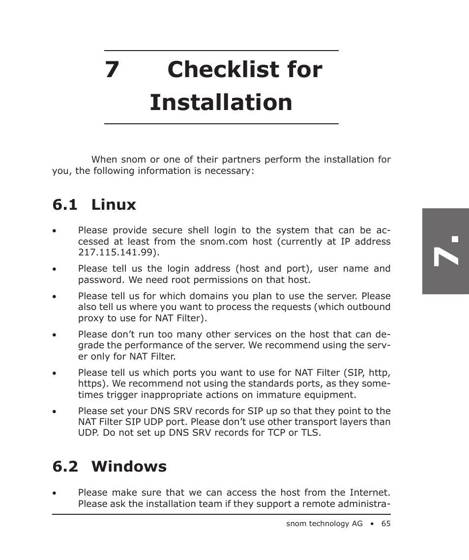 7checklist for installation, 1 linux, 2 windows | Snom 4S User Manual | Page 65 / 68