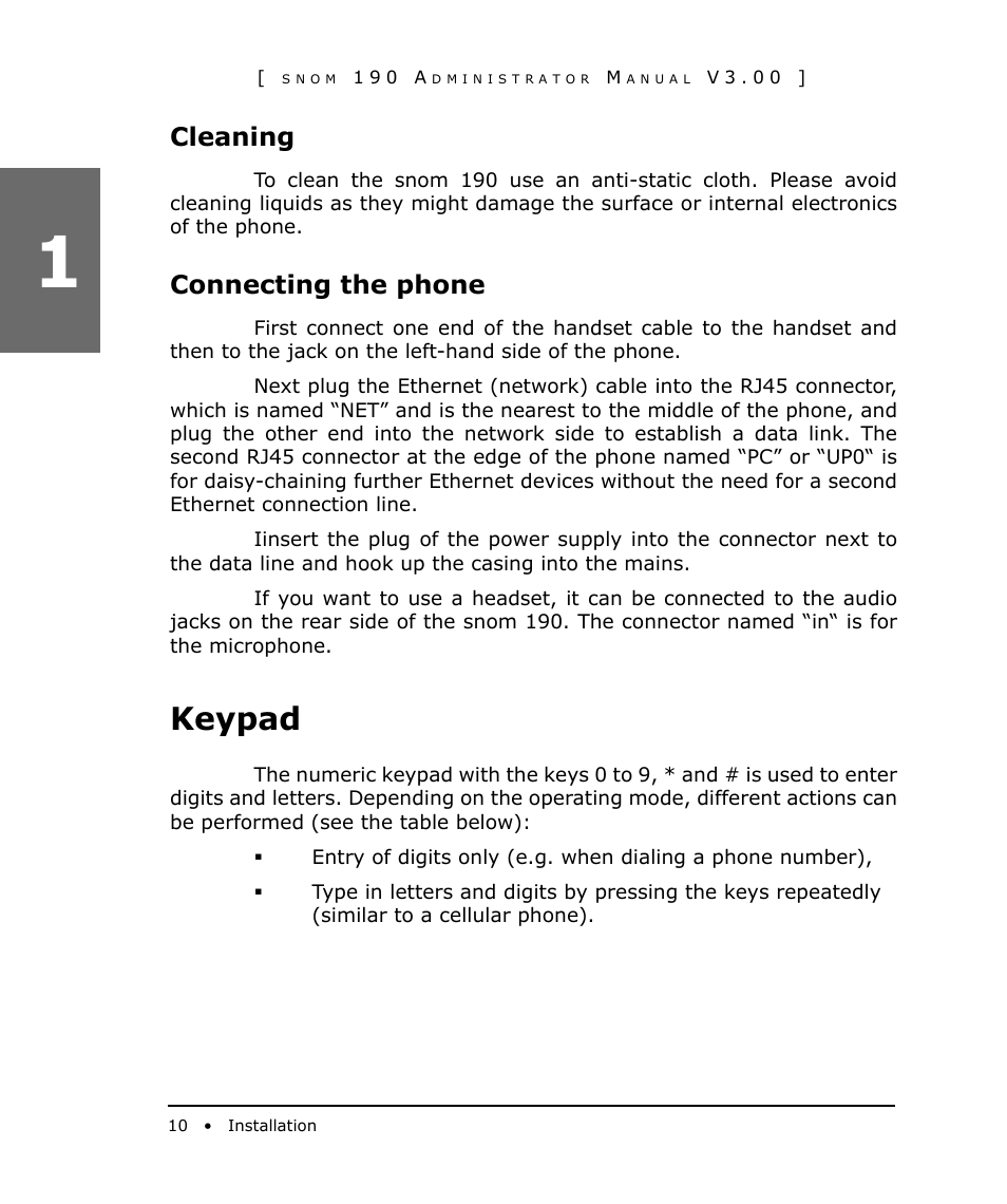 Cleaning, Connecting the phone, Keypad | Snom 190 User Manual | Page 10 / 99