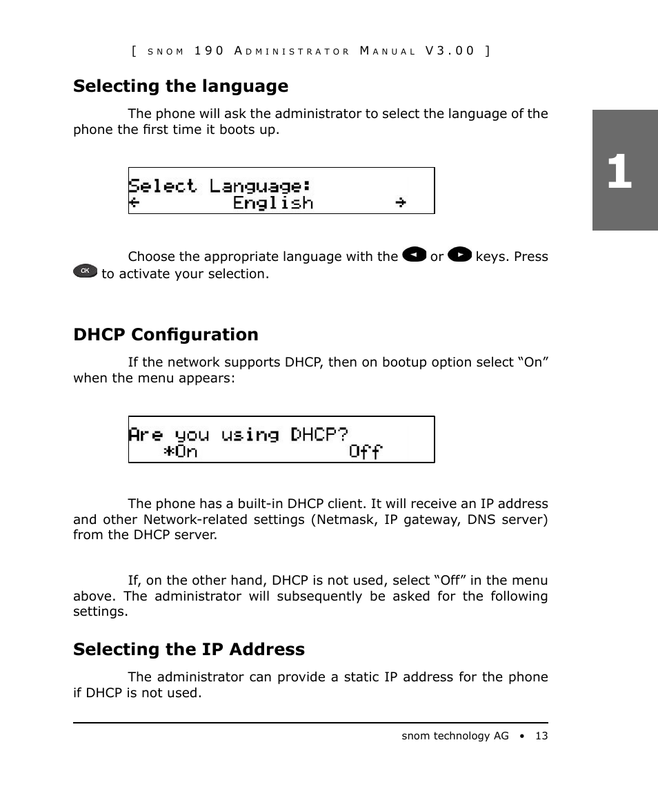 Selecting the language, Dhcp configuration, Selecting the ip address | Snom 190 User Manual | Page 13 / 99