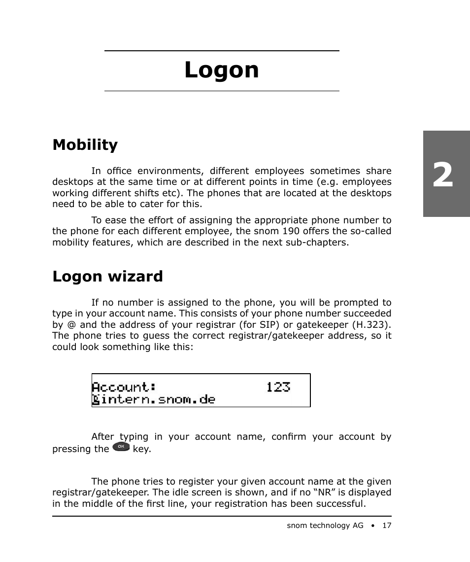 Logon, Mobility, Logon wizard | Snom 190 User Manual | Page 17 / 99