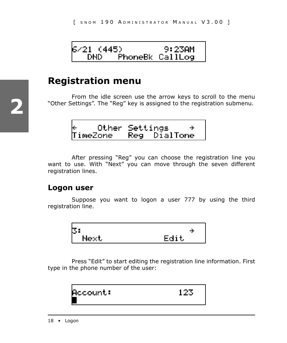 Registration menu, Logon user | Snom 190 User Manual | Page 18 / 99