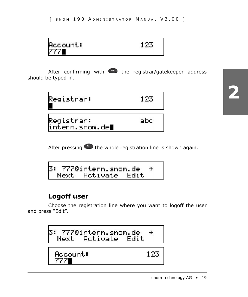 Logoff user | Snom 190 User Manual | Page 19 / 99