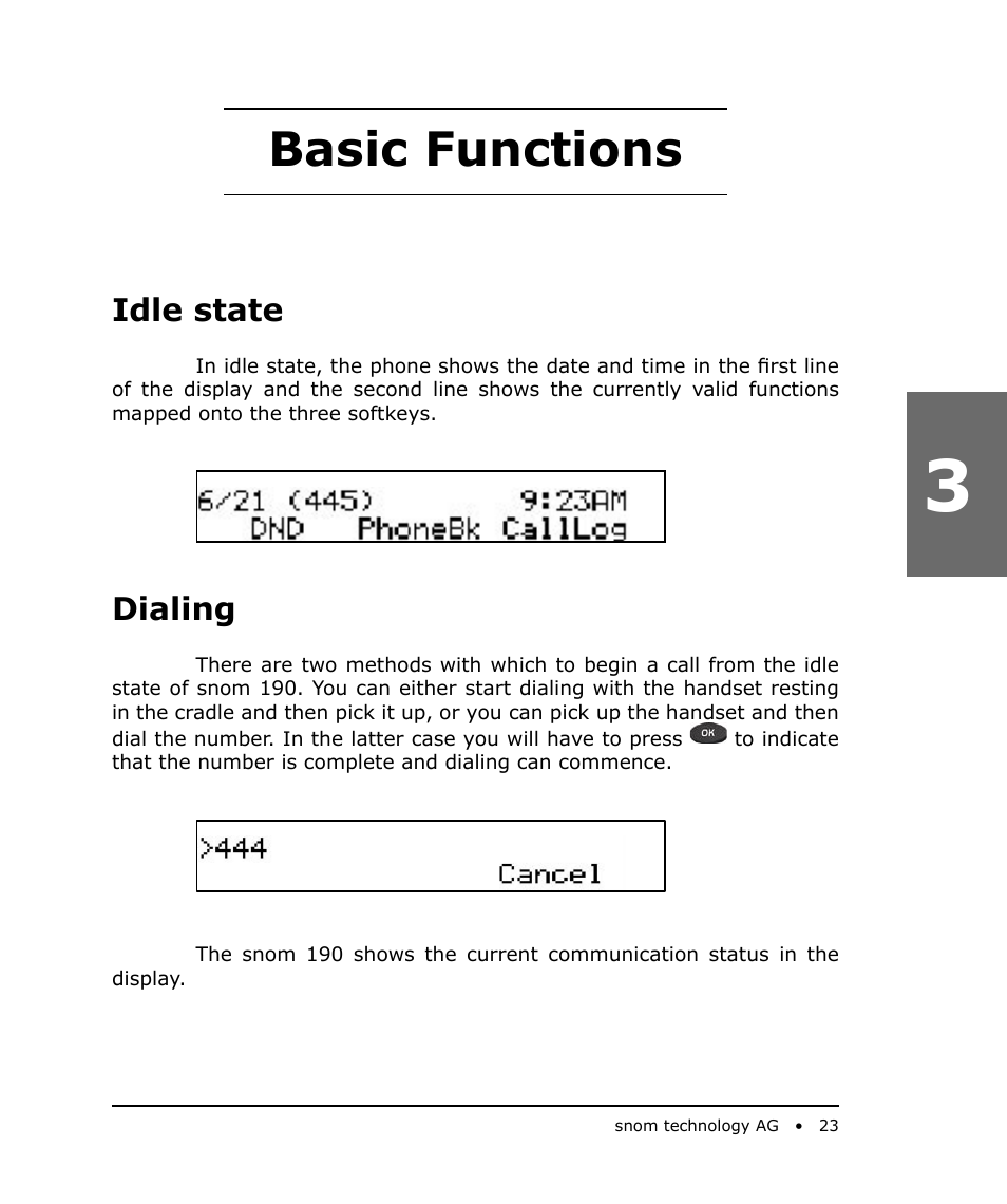 Basic functions, Idle state, Dialing | Snom 190 User Manual | Page 23 / 99