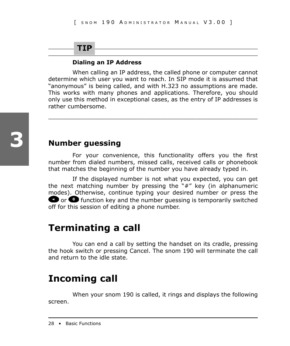 Number guessing, Terminating a call, Incoming call | Snom 190 User Manual | Page 28 / 99