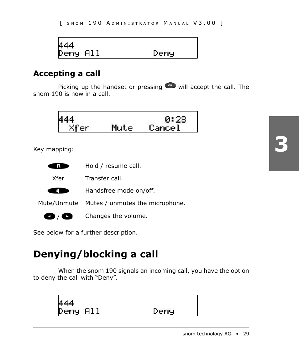 Accepting a call, Denying/blocking a call | Snom 190 User Manual | Page 29 / 99