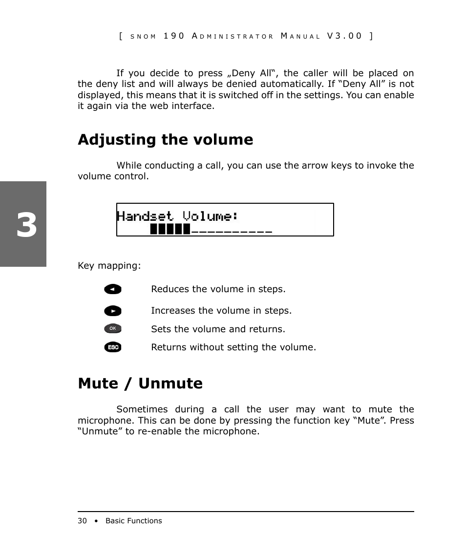 Adjusting the volume, Mute / unmute | Snom 190 User Manual | Page 30 / 99