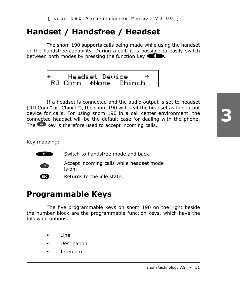 Handset / handsfree / headset, Programmable keys | Snom 190 User Manual | Page 31 / 99