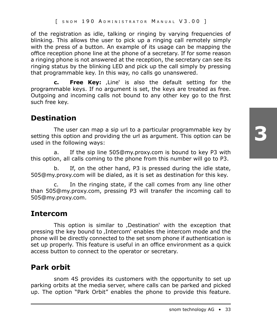 Destination, Intercom, Park orbit | Snom 190 User Manual | Page 33 / 99