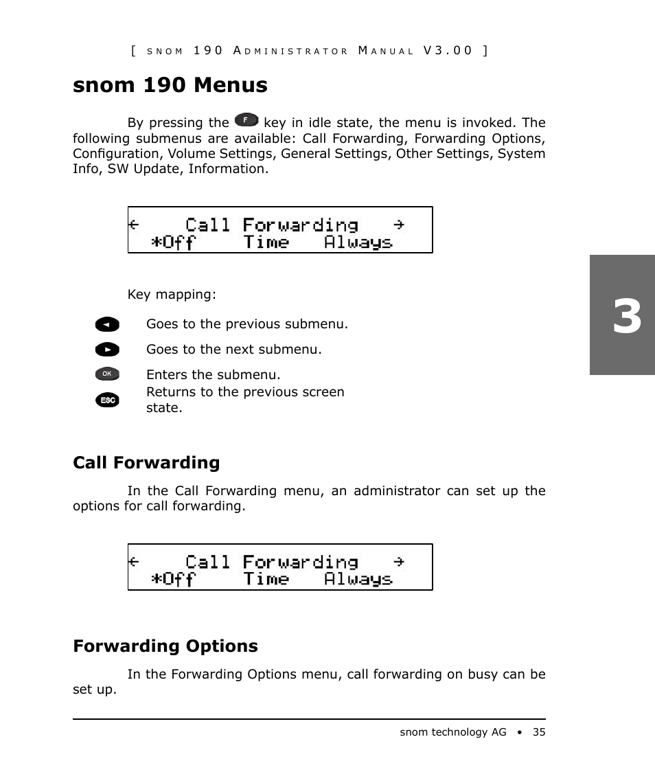 Snom 190 menus, Call forwarding, Forwarding options | Snom 190 User Manual | Page 35 / 99