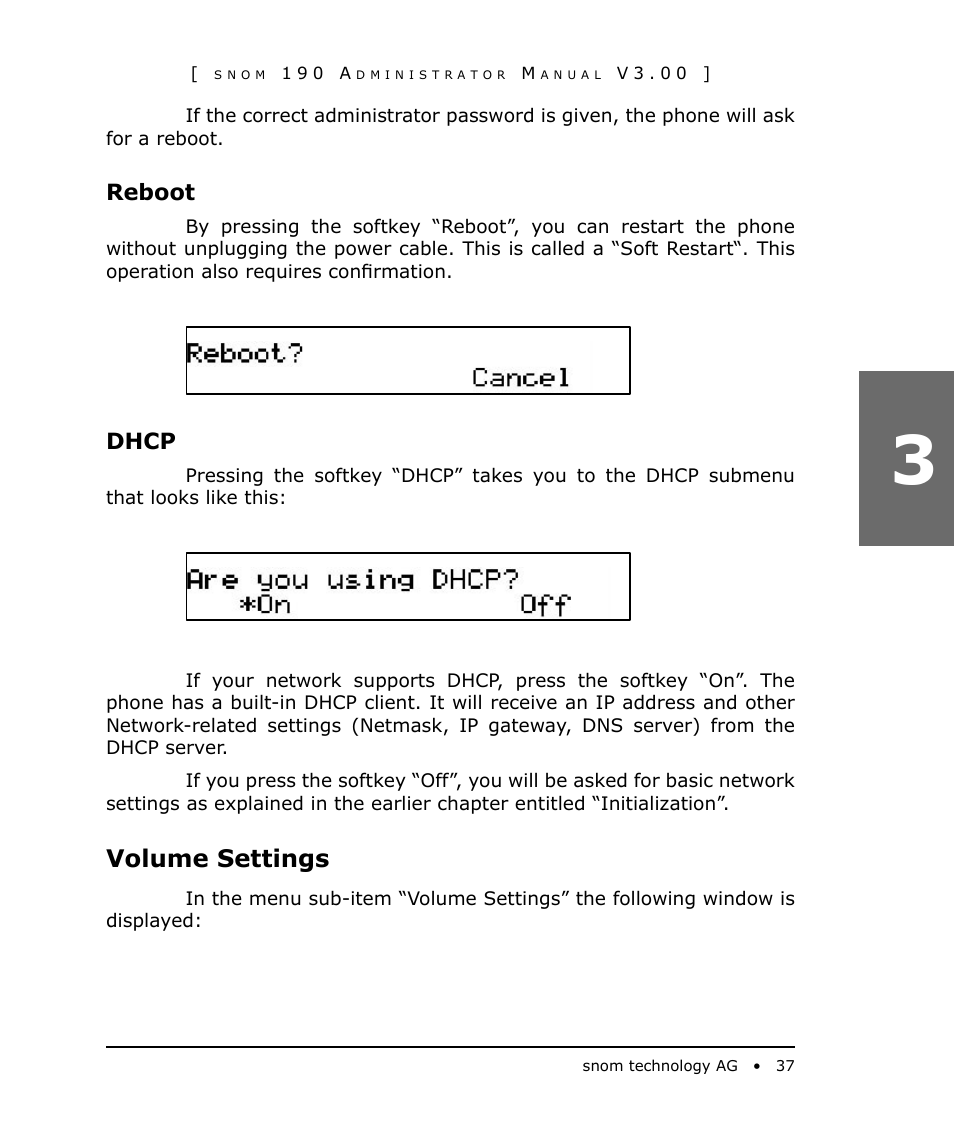Volume settings, Reboot, Dhcp | Snom 190 User Manual | Page 37 / 99