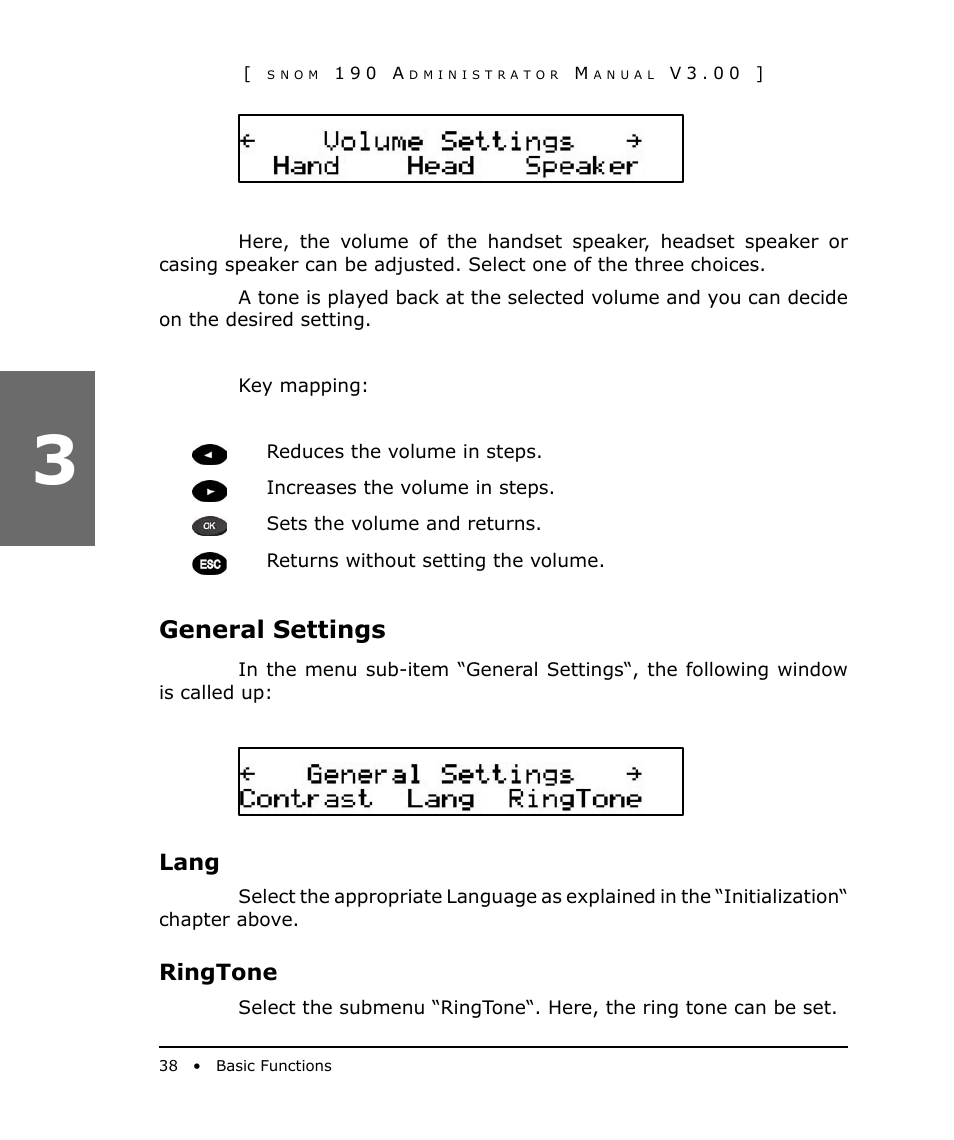 General settings, Lang, Ringtone | Snom 190 User Manual | Page 38 / 99