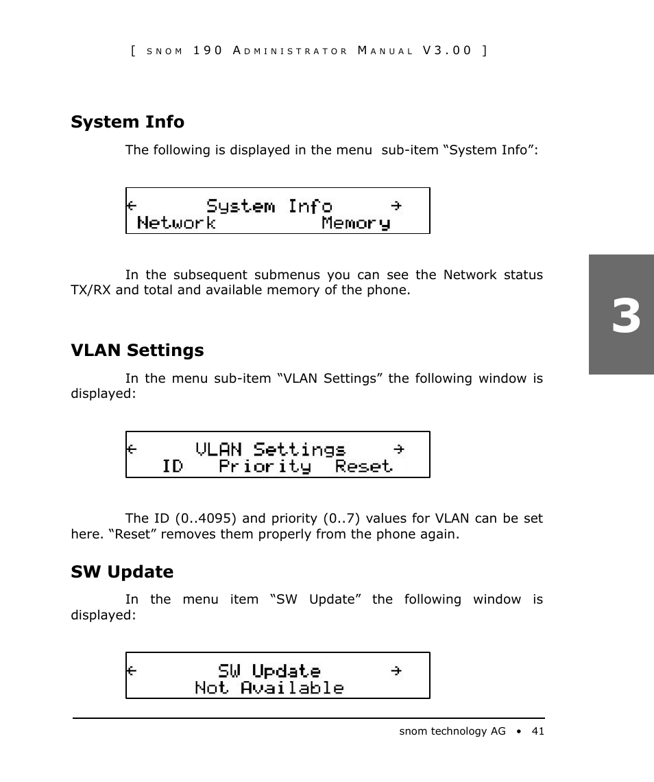 System info, Vlan settings, Sw update | Snom 190 User Manual | Page 41 / 99