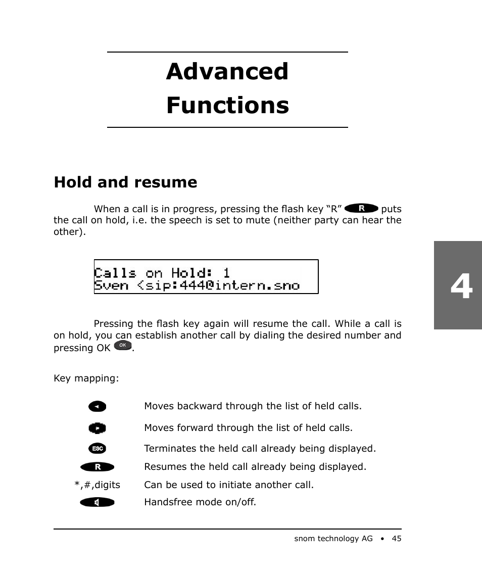 Advanced functions, Hold and resume | Snom 190 User Manual | Page 45 / 99