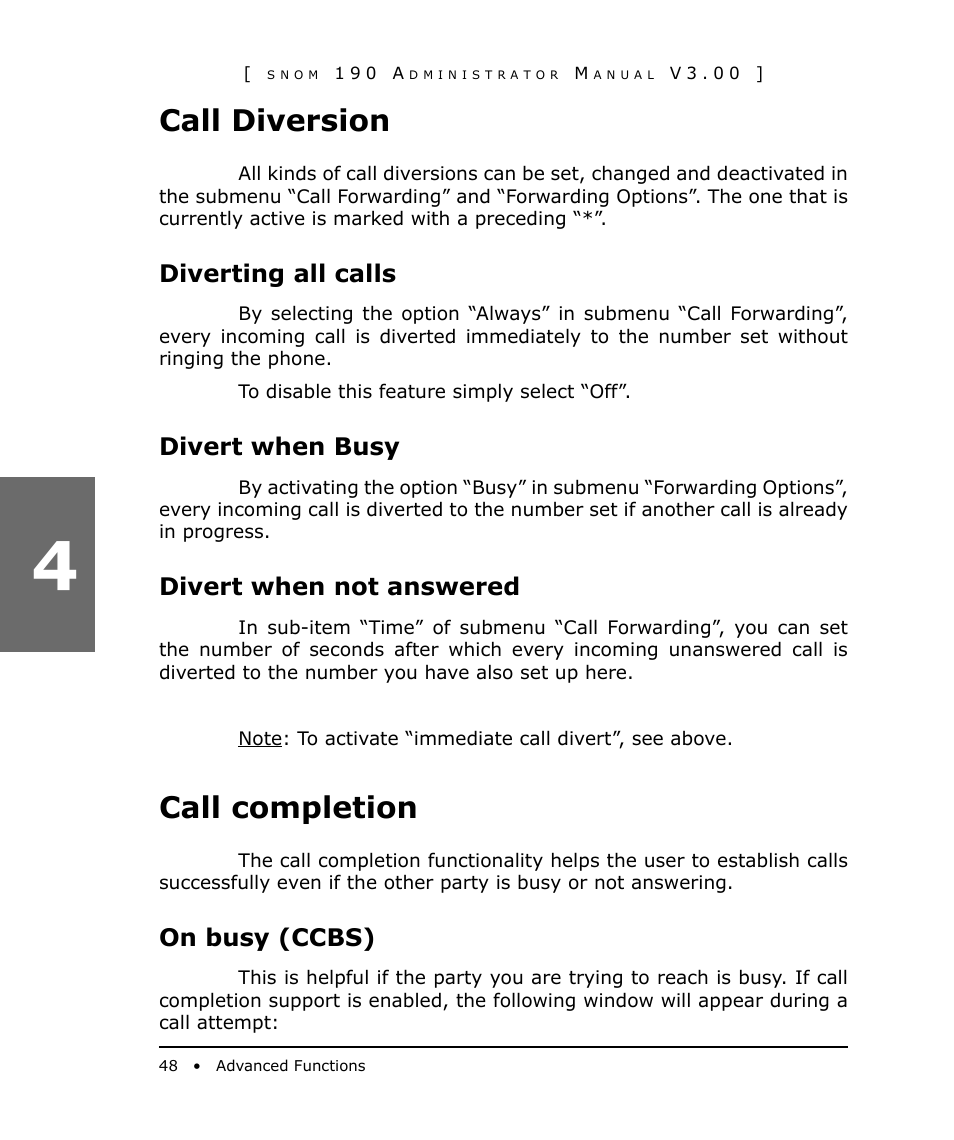 Call diversion, Diverting all calls, Divert when busy | Divert when not answered, Call completion, On busy (ccbs) | Snom 190 User Manual | Page 48 / 99