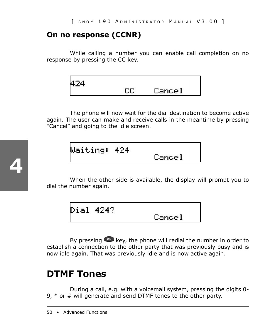 On no response (ccnr), Dtmf tones | Snom 190 User Manual | Page 50 / 99