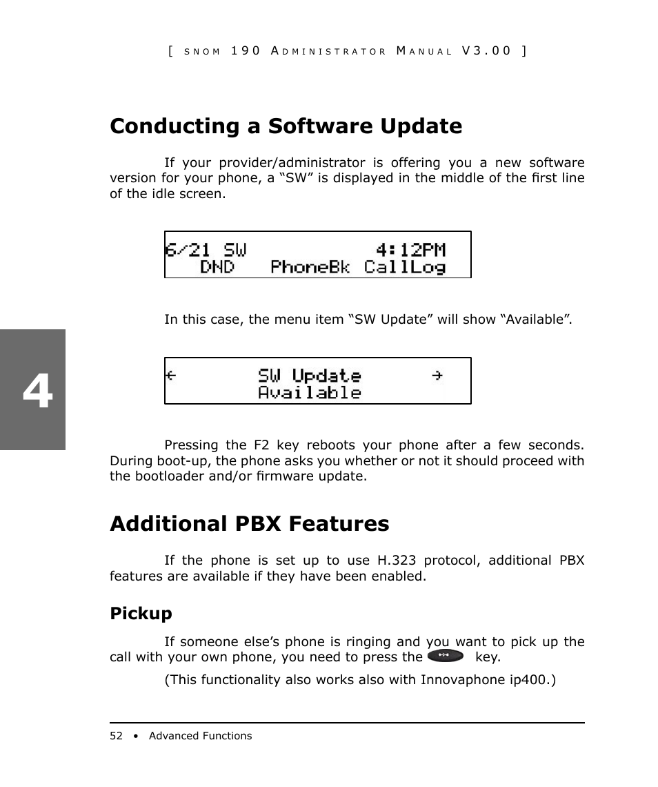 Conducting a software update, Additional pbx features, Pickup | Snom 190 User Manual | Page 52 / 99