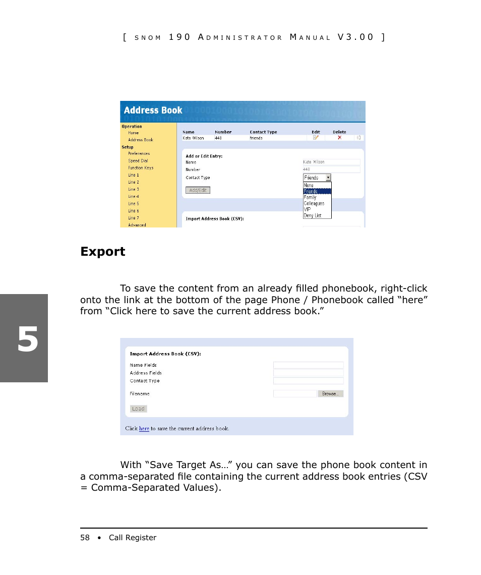 Export | Snom 190 User Manual | Page 58 / 99