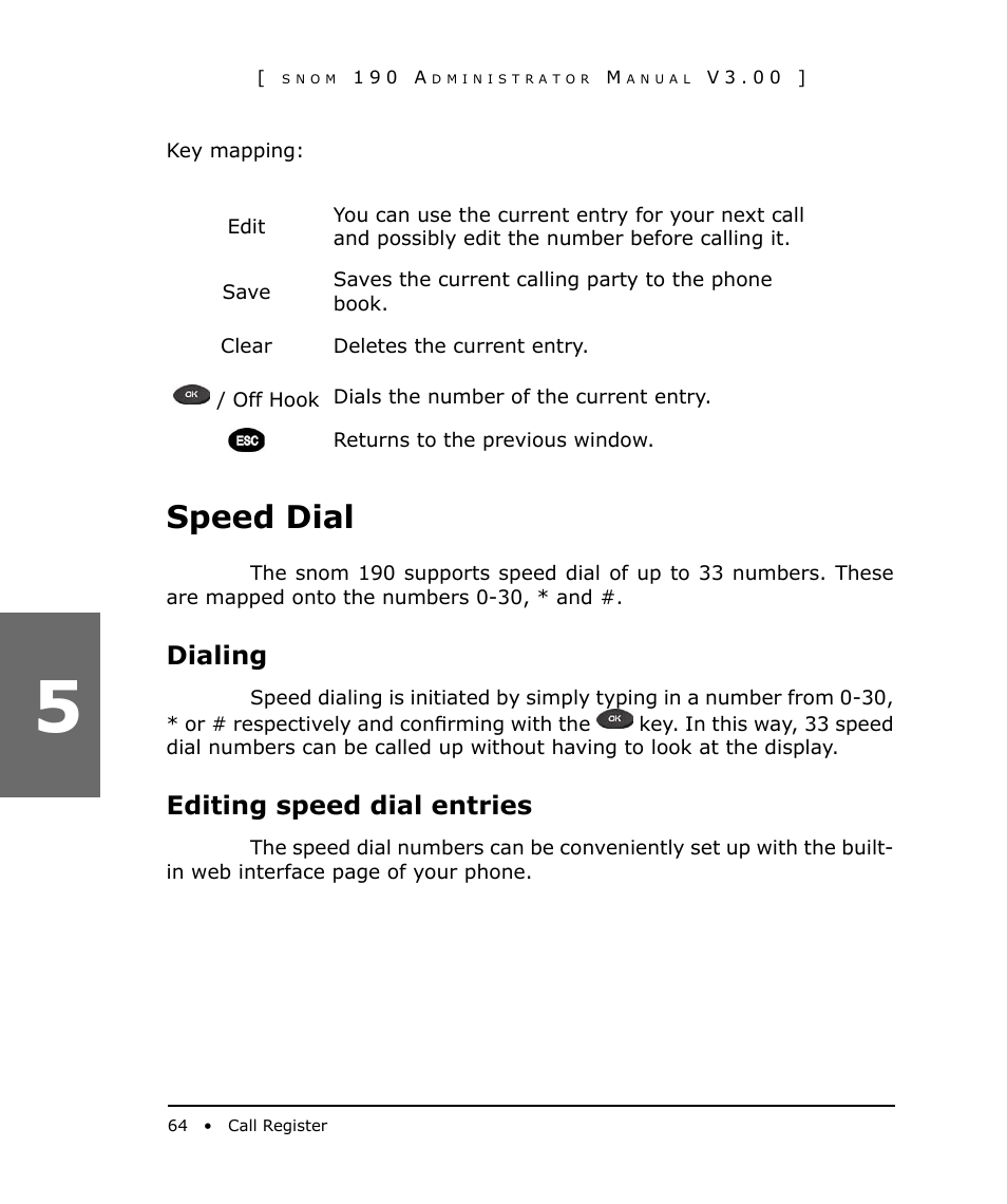 Speed dial, Dialing, Editing speed dial entries | Snom 190 User Manual | Page 64 / 99