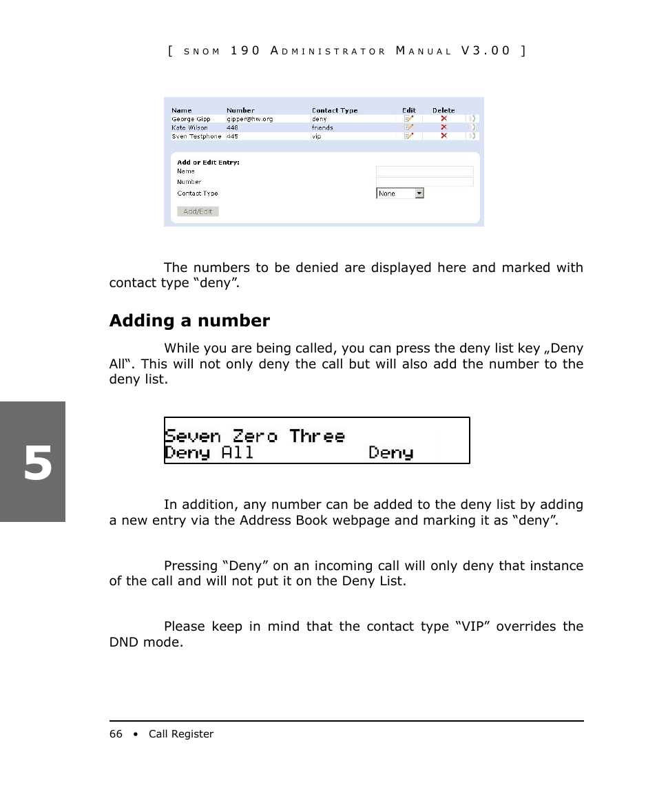 Adding a number | Snom 190 User Manual | Page 66 / 99