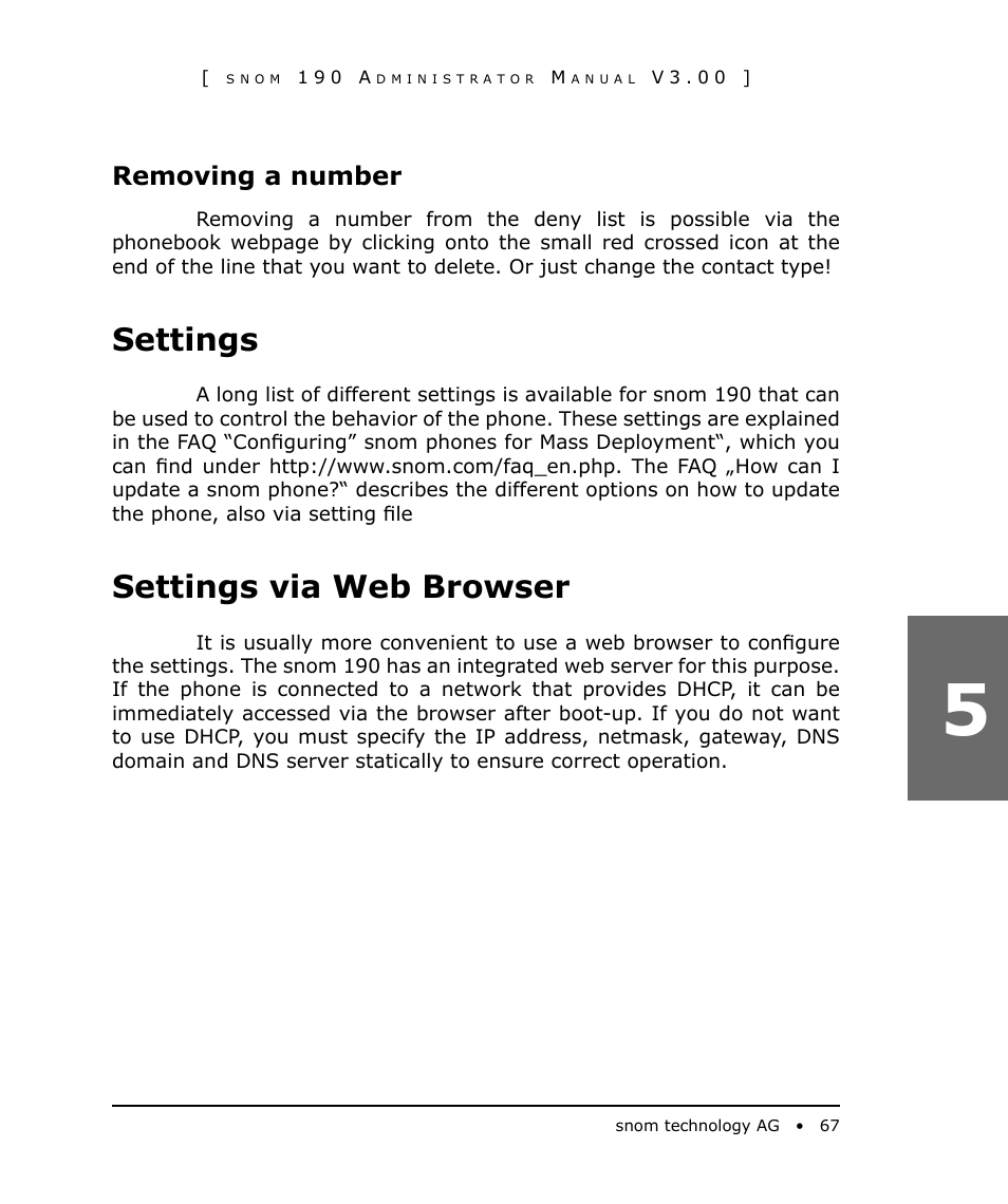Removing a number, Settings, Settings via web browser | Snom 190 User Manual | Page 67 / 99