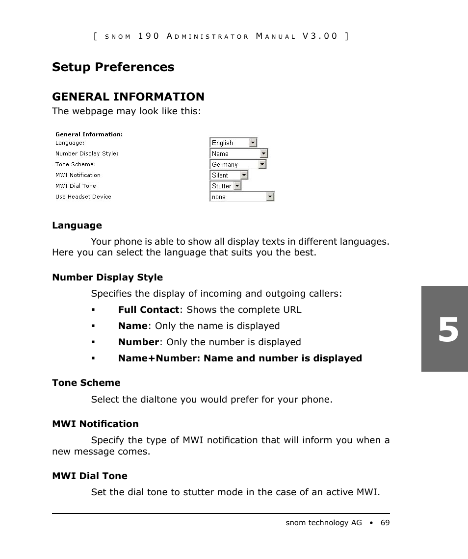 Setup preferences, General information | Snom 190 User Manual | Page 69 / 99