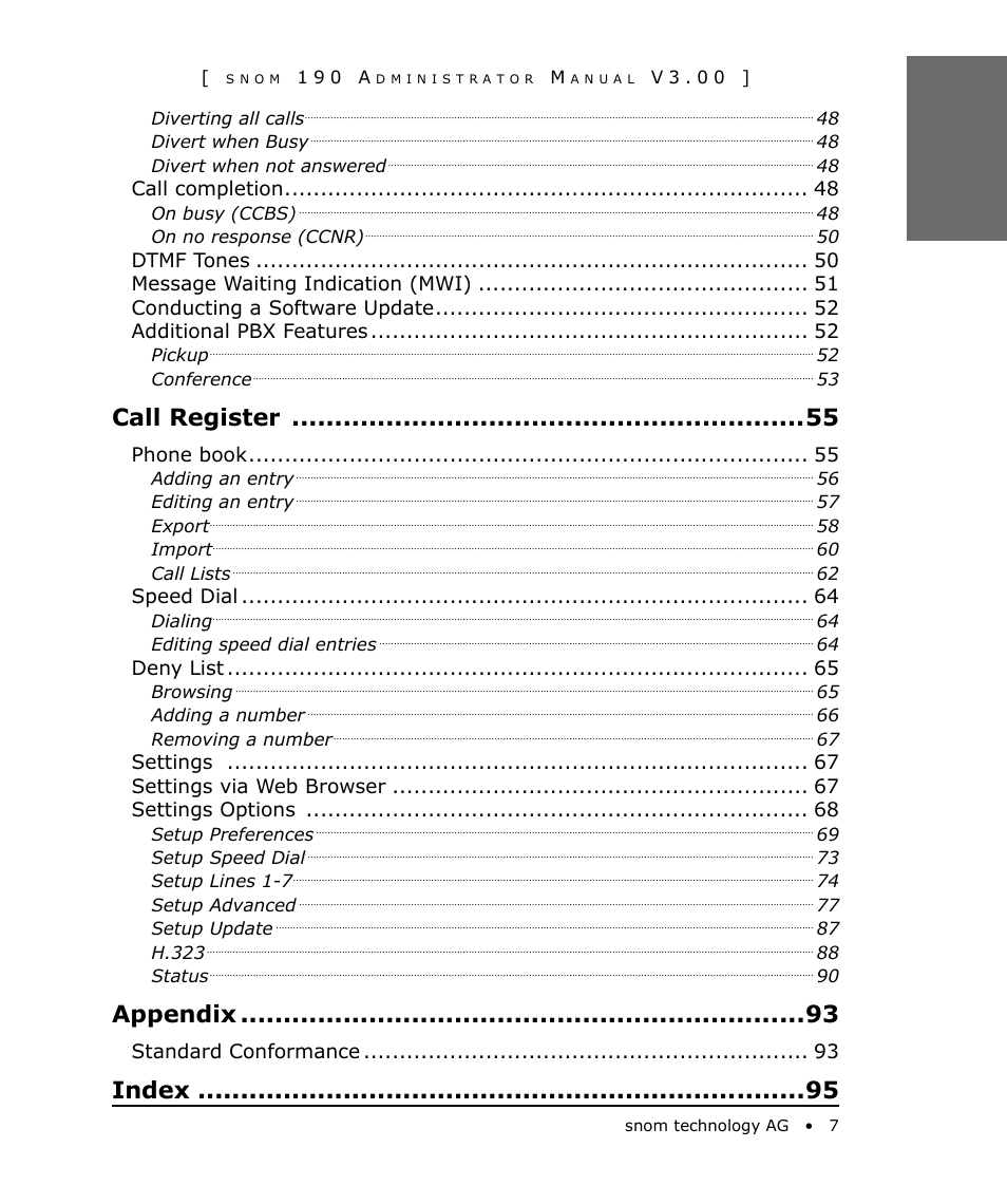 Call register, Appendix, Index | Snom 190 User Manual | Page 7 / 99