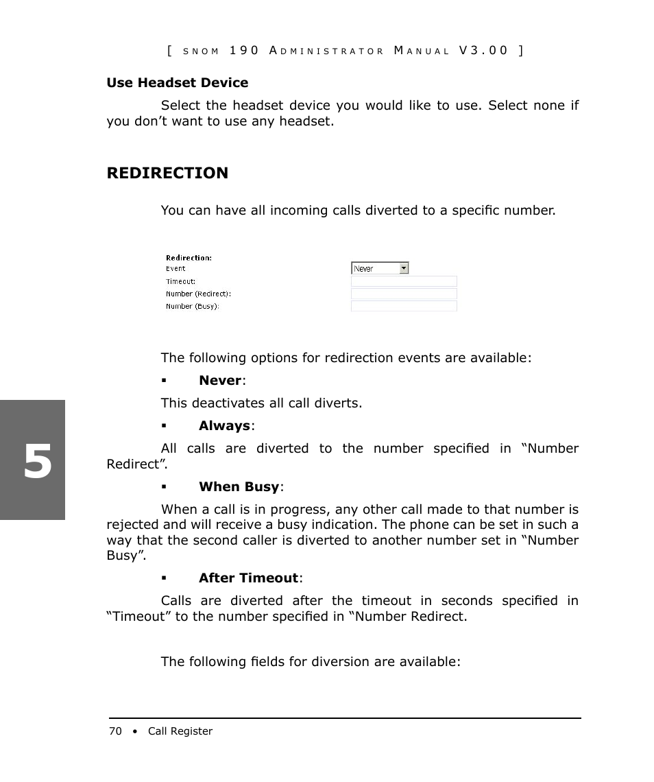 Redirection | Snom 190 User Manual | Page 70 / 99