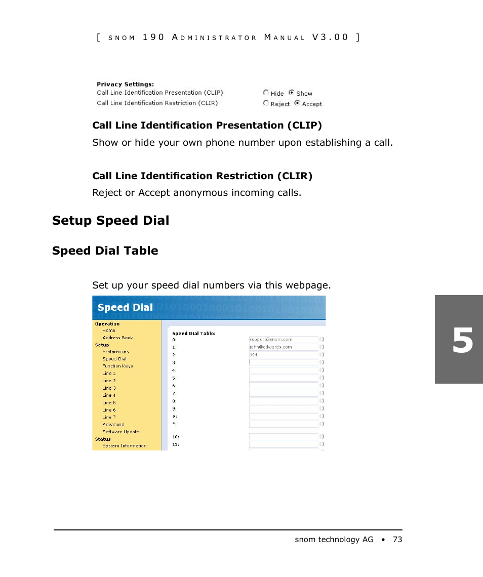 Setup speed dial, Speed dial table | Snom 190 User Manual | Page 73 / 99