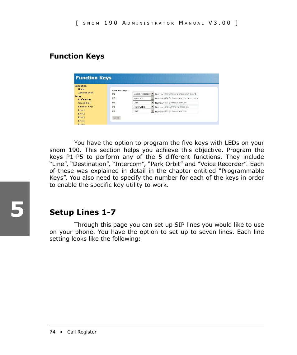 Setup lines 1-7, Function keys | Snom 190 User Manual | Page 74 / 99