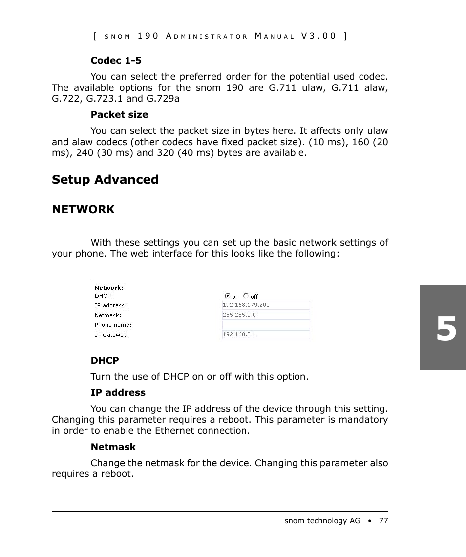 Setup advanced, Network | Snom 190 User Manual | Page 77 / 99