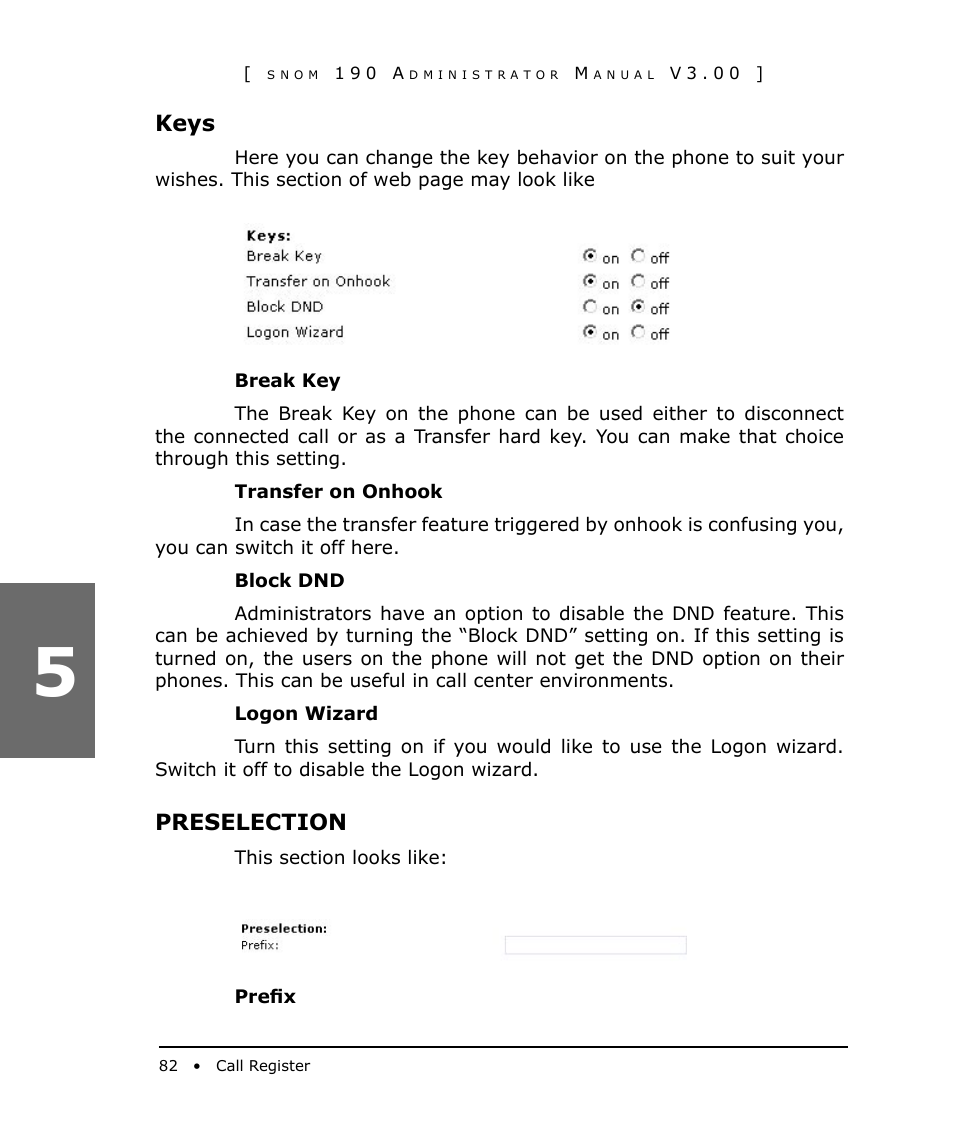 Keys, Preselection | Snom 190 User Manual | Page 82 / 99
