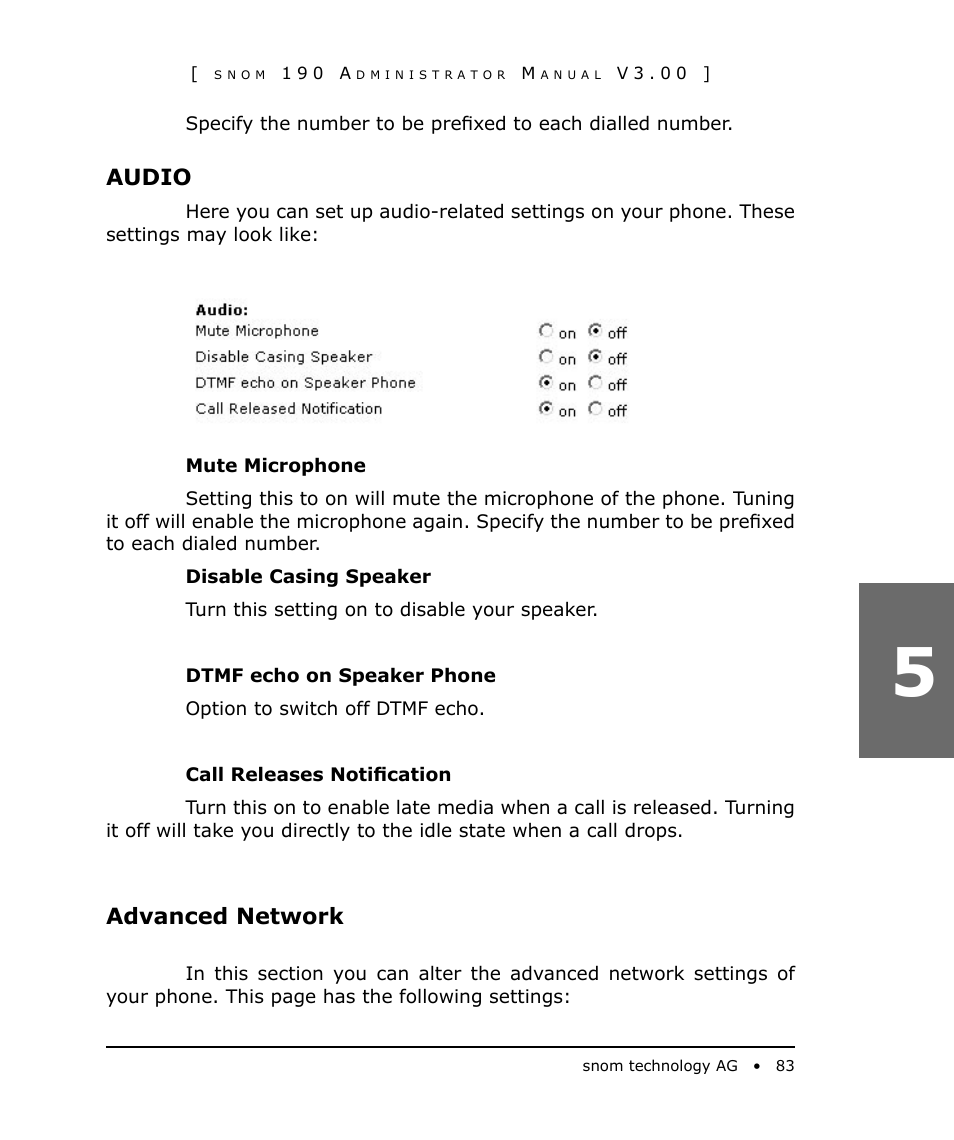 Audio, Advanced network | Snom 190 User Manual | Page 83 / 99