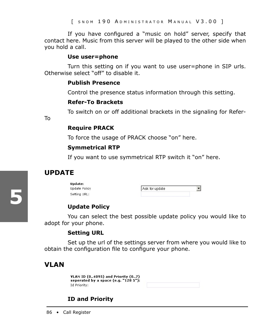 Update, Vlan | Snom 190 User Manual | Page 86 / 99