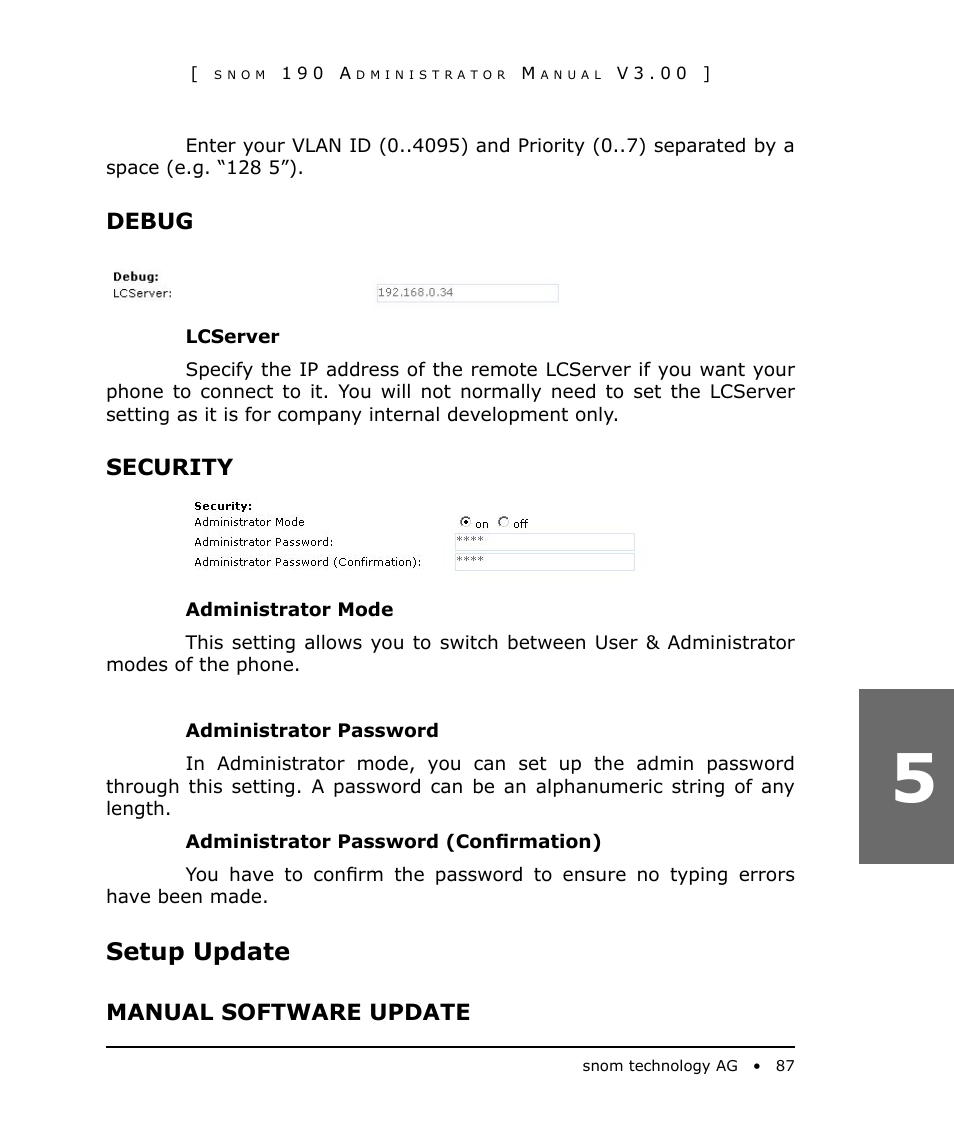 Setup update, Debug, Security | Manual software update | Snom 190 User Manual | Page 87 / 99