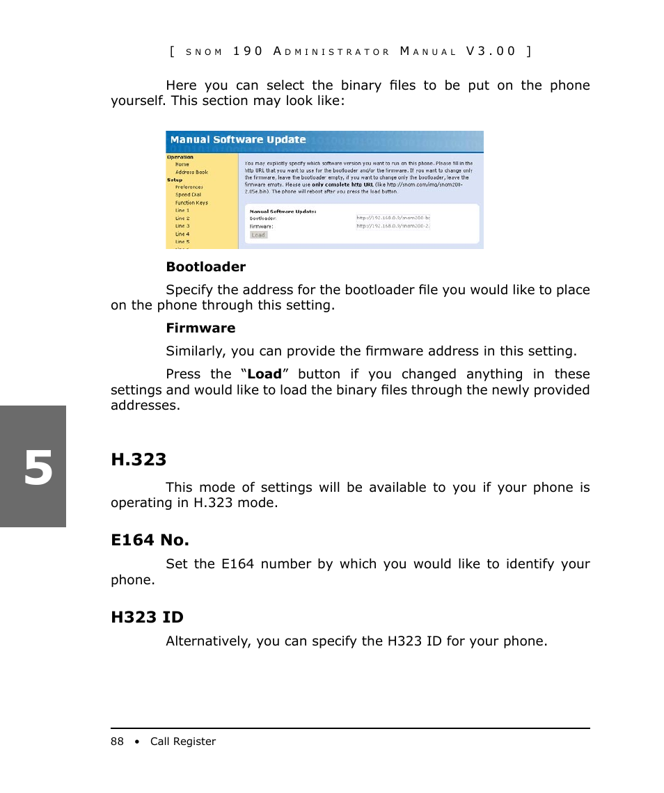 H.323, E164 no, H323 id | Snom 190 User Manual | Page 88 / 99