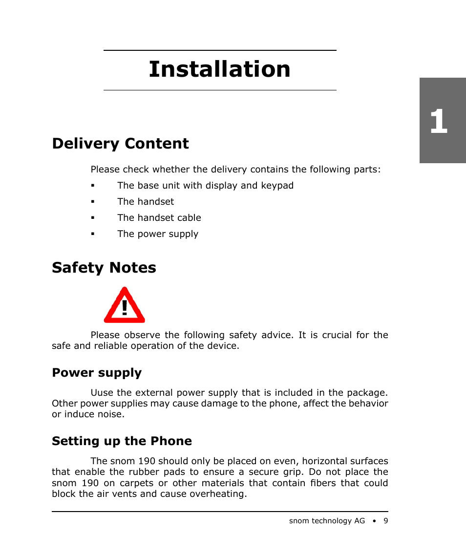 Installation, Delivery content, Safety notes | Power supply, Setting up the phone | Snom 190 User Manual | Page 9 / 99