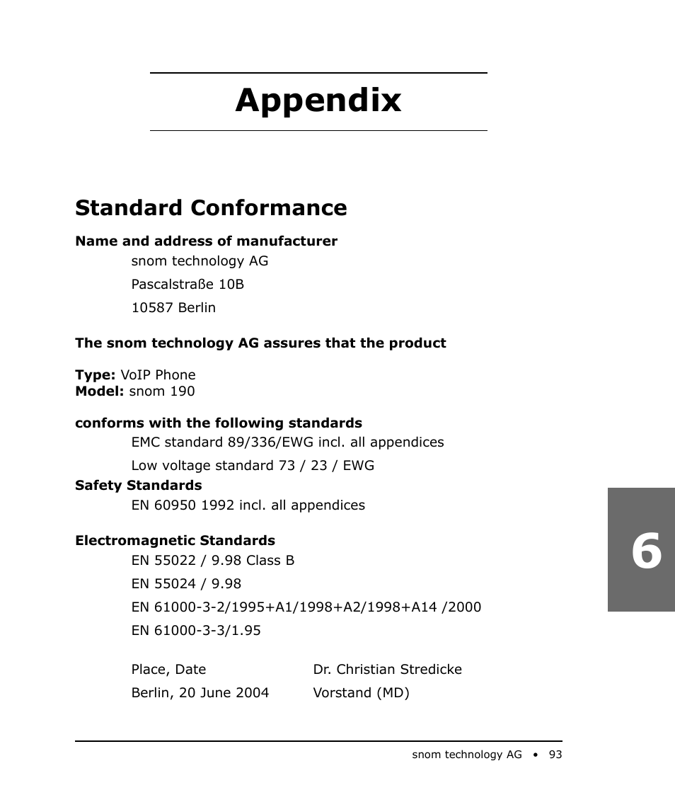 Appendix, Standard conformance | Snom 190 User Manual | Page 93 / 99