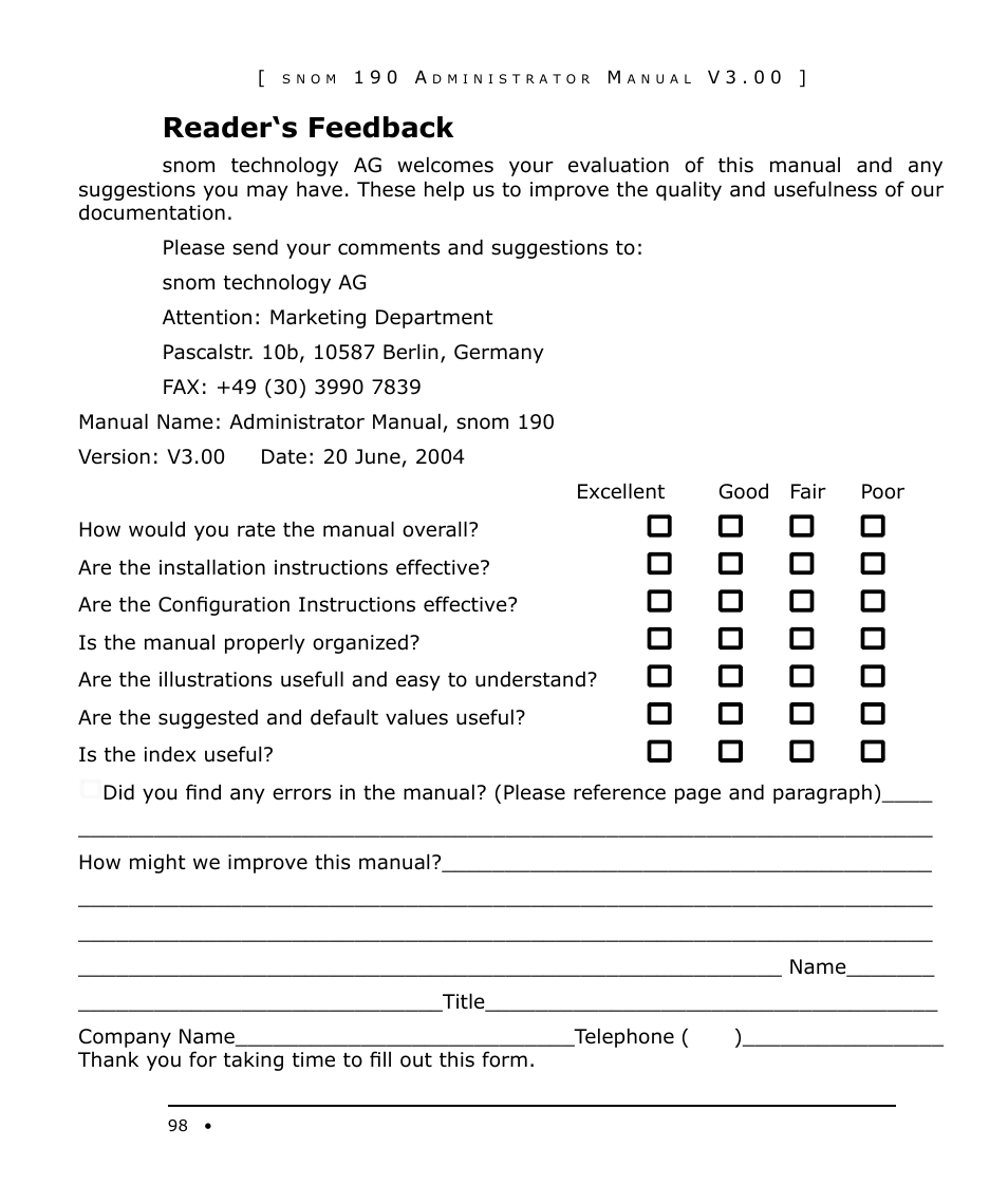 Reader‘s feedback | Snom 190 User Manual | Page 98 / 99